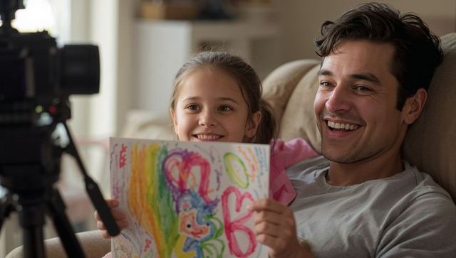 Father and daughter sharing colorful artwork on couch, recording homemade art video