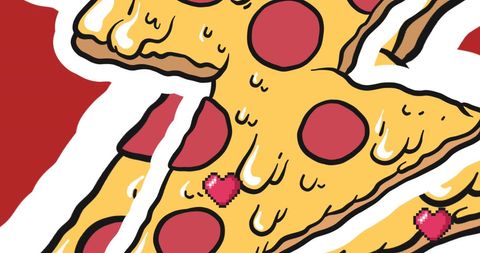 Pixelated Heart and Melting Pizza Icon Pattern