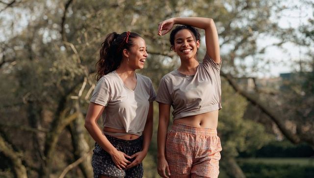Two women laughing and walking in sunlit park wearing knotted tees and print shorts