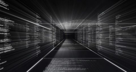 Racing Data Tunnel with Streaming Code Panels, Neon Grid and Futuristic Monochrome