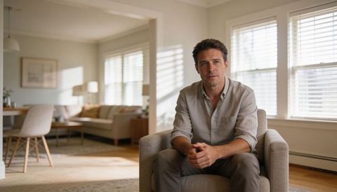 Thoughtful man sitting in armchair clasping hands looking at camera in sunlit living room