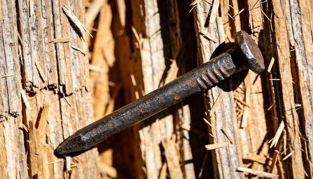 Rusting square-cut nail sinking into splintered pallet wood macro surface texture