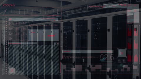 Futuristic Digital Interfaces Overlay on Server Racks in Data Center