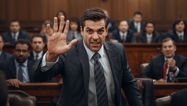 Determined witness raising hand while testifying in courtroom full of jurors