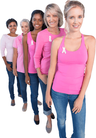 Smiling Diverse Women in Pink for Breast Cancer Awareness, Transparent Background