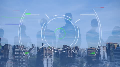 Business Silhouettes with Digital Interface Over Cityscape