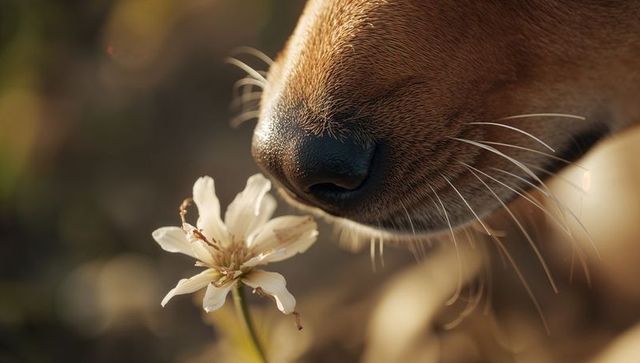 Curious dog snout sniffing wildflower macro closeup warm bokeh canine nose whiskers