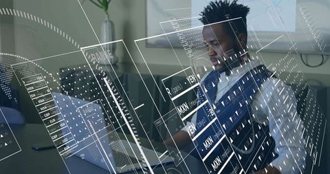 Businessman analyzing holographic currency data in modern office