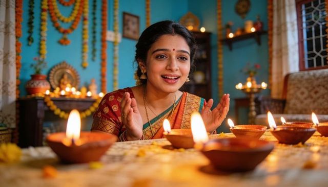 Indian woman lighting diyas during diwali celebrating traditional home puja in silk saree