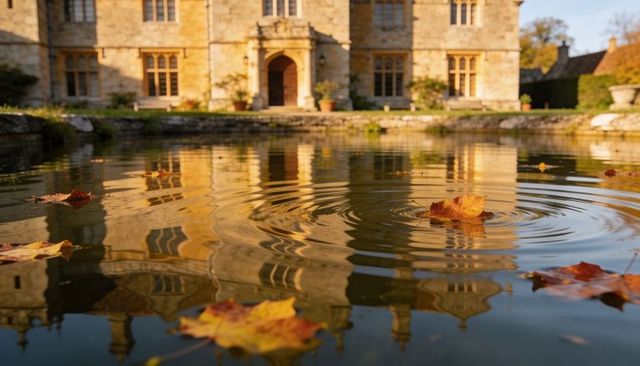 Floating golden leaf creating ripples in ornamental pond reflecting sunlit manor facade