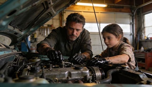 Father teaching daughter repairing vintage car engine in sunlit garage hands covered in oil