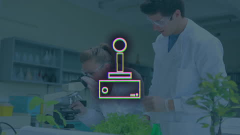 Iconic Gamepad Overlay with Innovative Diverse Scientists in Laboratory