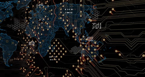 Digital World Map with Network Connections and Data Points