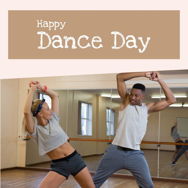 Composite of multiracial young friends dancing in studio and happy dance day text, copy space. National dance day, togetherness, dance, art, unesco, awareness and celebration concept.