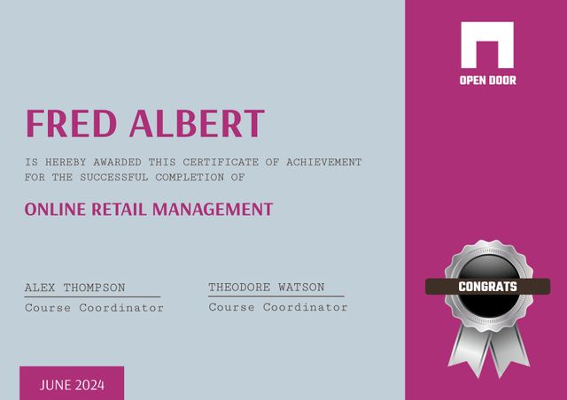 Elegant certificate template for recognizing achievement in online retail management. Ideal for professional use to highlight successful course completion and skill development. Great for companies and educational institutions to motivate and reward participants.