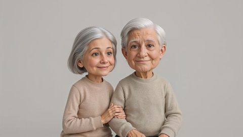 Elderly couple embracing warmth in minimalist beige sweaters