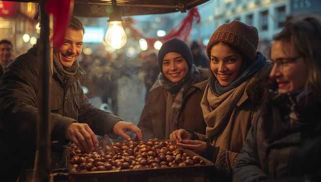 Happy group enjoying roasted chestnuts at winter night market
