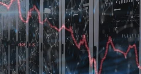 Data center with red graph overlay and electronic cables