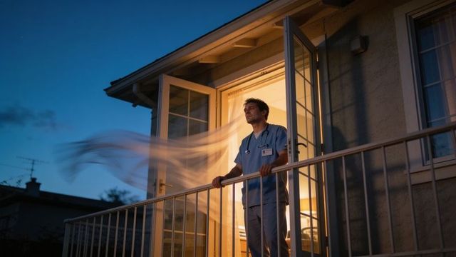 Nurse leaning on balcony gazing into dusk with billowing curtain and soft interior glow