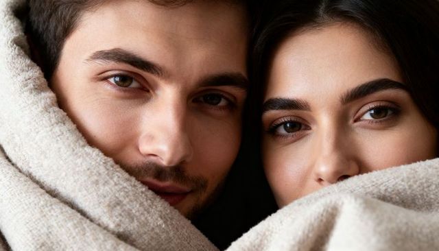 Snuggling couple wrapped in beige wool blanket making direct eye contact closeup