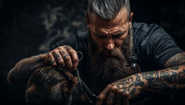 Tattooed bearded barber trimming hair with scissors and comb, dramatic low-key portrait