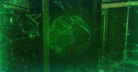 Glowing Holographic Wireframe Globe Projecting Above Server Racks with Green Network Mesh