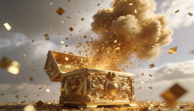 Ornate gold treasure chest erupting with glittering confetti and dramatic dust plume