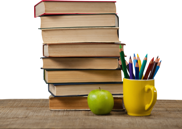 Transparent Stack of Books with Colored Pencils and Apple on Wooden Table - Download Free Stock Videos Pikwizard.com