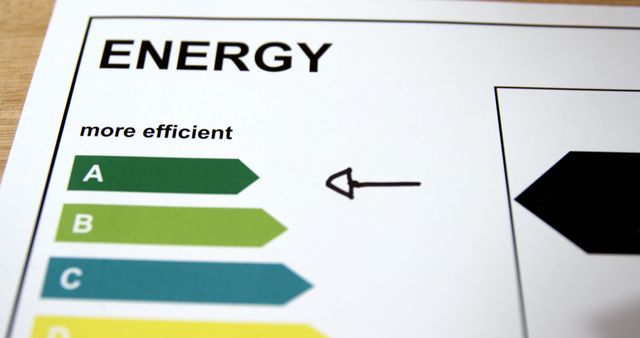 Energy efficiency rating chart with an arrow highlighting the A class, useful for illustrating energy saving tips, sustainability efforts, home remodeling guides, or any topics related to environmental performance and energy conservation.