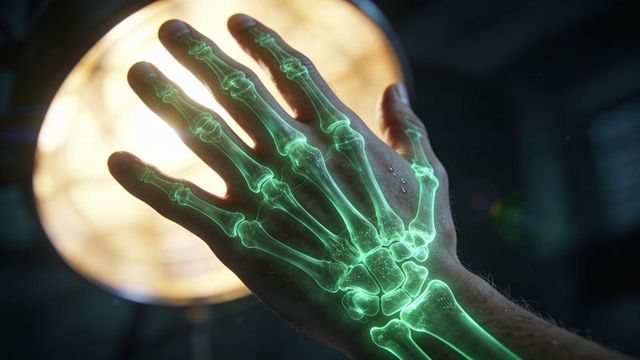 Glowing green holographic skeleton overlaying hand and forearm during clinical exam