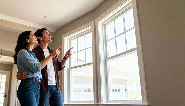 Young couple inspecting new home windows and ceiling during home walkthrough