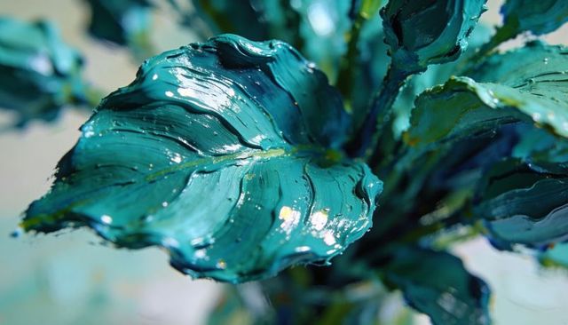 Teal impasto leaf catching studio light glossy metallic palette-knife texture