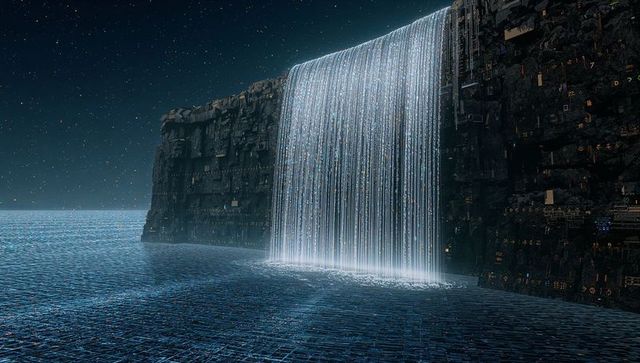 Luminous Data Waterfall Cascading into Cyber Grid Sea beside Engineered Cliff at Night