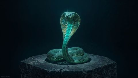 Emerald king cobra raises hood on stone pedestal in mystical chamber