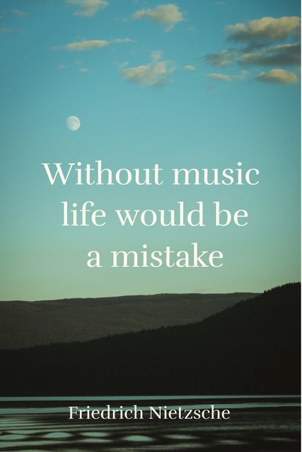 Over a tranquil lake at sunset, this quote from Friedrich Nietzsche provides an inspirational message about the importance of music, enhancing the calm and peaceful setting. Ideal for motivational posters, social media images, and blogs focused on personal growth or philosophy.