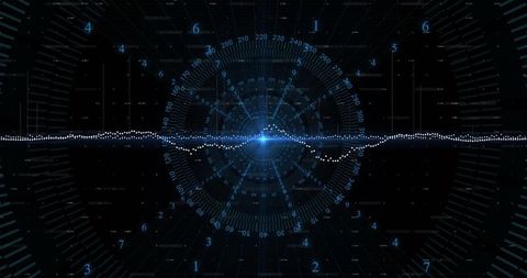 Futuristic Blue Holographic HUD with Central Pulse, Dotted Waveform & Concentric Data Rings