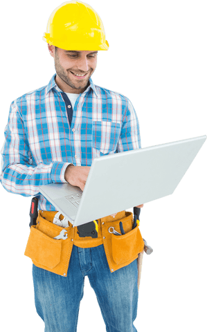 Transparent Smiling Construction Worker Using Laptop for Blueprints - Download Free Stock Videos Pikwizard.com