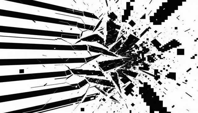 Monochrome explosion shattering black stripes into jagged shards and pixelated radial fragments