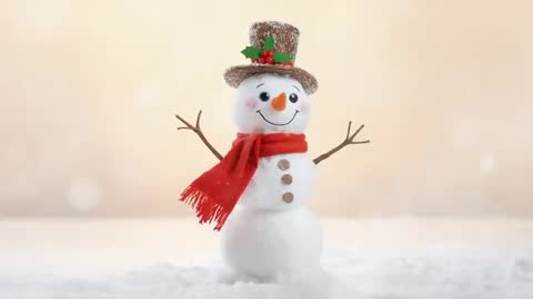 Snowman Figurine Wobbling and Tilting Head as Snow Falls, Red Scarf and Straw Hat Holiday Scene