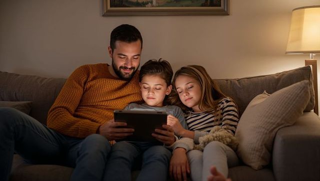Dad and kids watching tablet together on sofa at night cozy family bonding moment