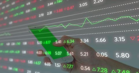 Stock market data on digital display with graphs and numbers