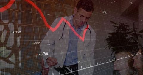 Doctor explaining health data to family with falling red graph overlay, consultation