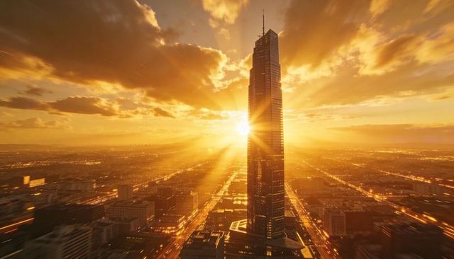 Towering glass skyscraper soaking golden sunset rays over sprawling urban grid with sunburst