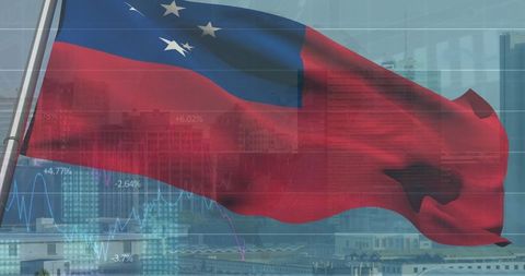 Samoan Flag Overlays Urban Skyline with Financial Chart Integration