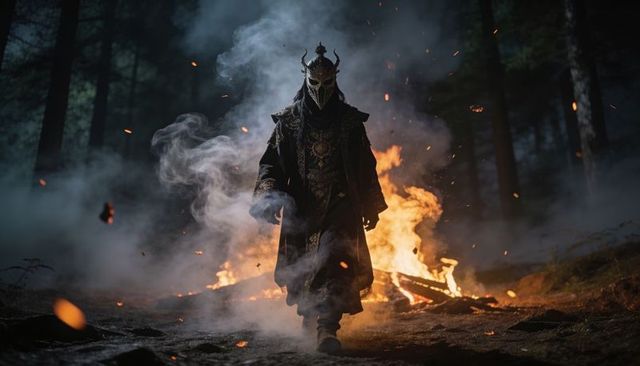 Masked horned figure walking through smoky pine forest by bonfire at night, ornate robe and embers