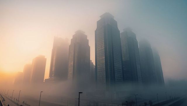 Glass-and-steel skyscrapers piercing golden morning fog over misty urban highway skyline