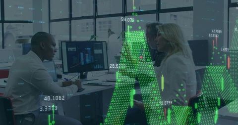 Financial team analyzing market data on office screens with green digital overlay