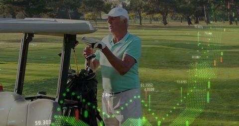 Senior golfer with data overlay on golf course fairway
