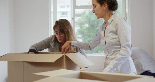 Female Colleagues Packing Items into Cardboard Boxes in Office - Download Free Stock Images Pikwizard.com