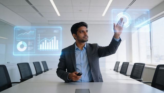 Executive Manipulating Holographic Data Dashboards and Analytics Charts in Modern Boardroom